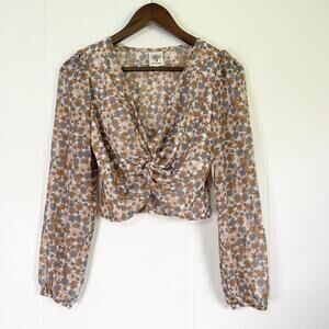 Self Esteem Floral Sheer Front Tie Long Sleeve Blouse Top Women's Small